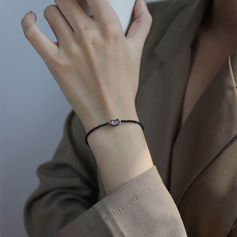 Nimara Ritual 14K Gold Plated Black Spinel White Crystal Cute Cat Tridacna Stone Healing Bracelet