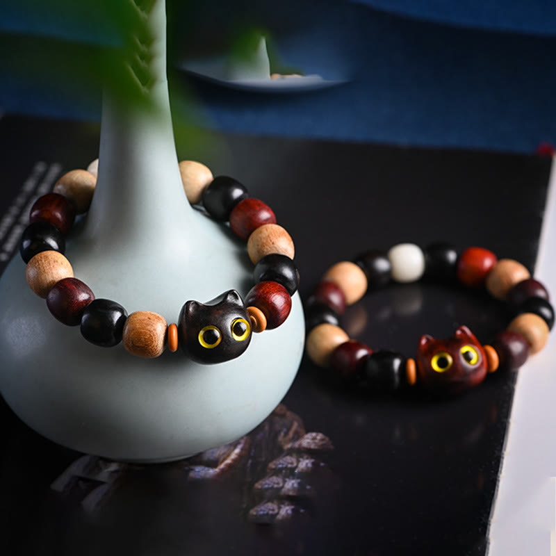 Release Mood Red Sandalwood Ebony Wood Cute Cat Calm Bracelet