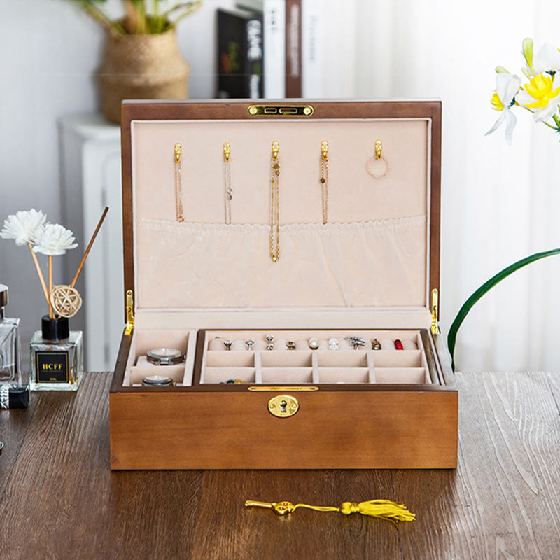 Nimara Ritual Vintage Wooden Jewelry Box Two-Layer Solid Wood Jewelry Storage Box