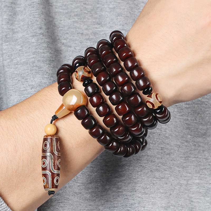 Nimara Ritual 108 Mala Beads Three-eyed Dzi Bead Nine-eye Dzi Bead Jade Luck Bracelet