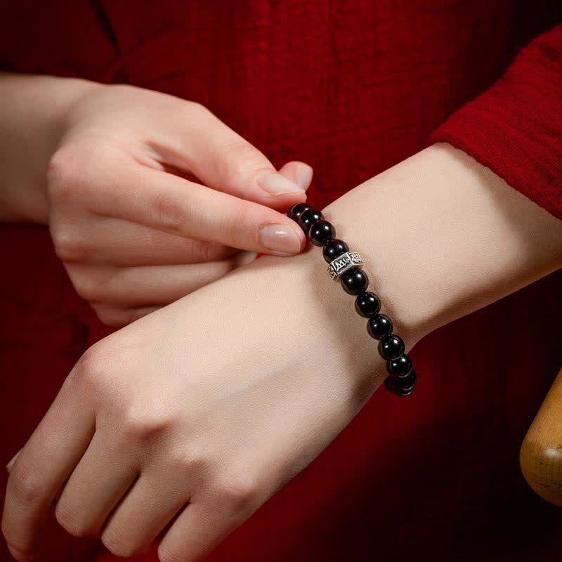 Nimara Ritual Chinese Zodiac Natal Buddha 925 Sterling Silver Black Obsidian Moonstone Strength Bracelet