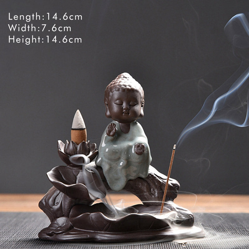 Nimara Ritual Little Monk Ceramic Lotus Blessing Incense Burner Decoration