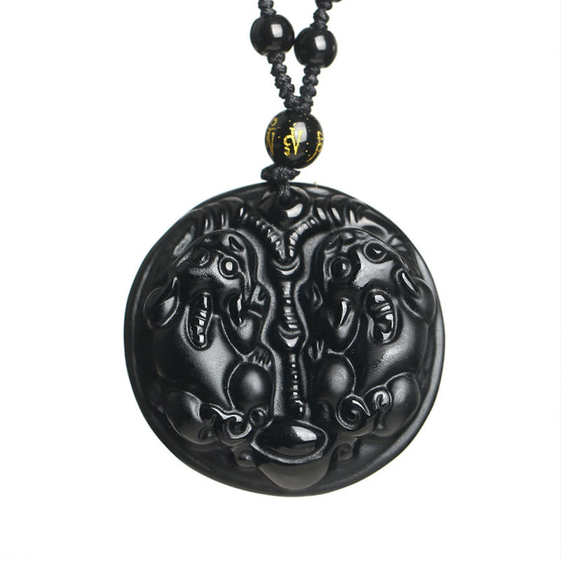 Nimara Ritual Black Obsidian Double Pixiu Bead Rope Purification Necklace Pendant