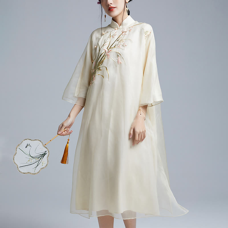 Nimara Ritual 100% Mulberry Silk 6 Momme Dress Vintage Flower Butterfly Embroidery Qipao Dress Women's Cheongsam Dress