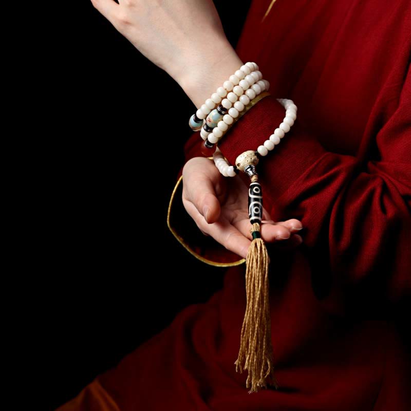 Nimara Ritual Tibet 108 Mala Beads Bodhi Seed Bagua Vajra Dzi Bead Gray Agate Wealth Bracelet