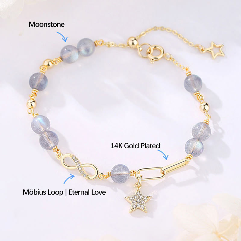 Nimara Ritual 14K Gold Plated Natural Strawberry Quartz Moonstone MAbius Loop Eternal Love Star Positive Bracelet