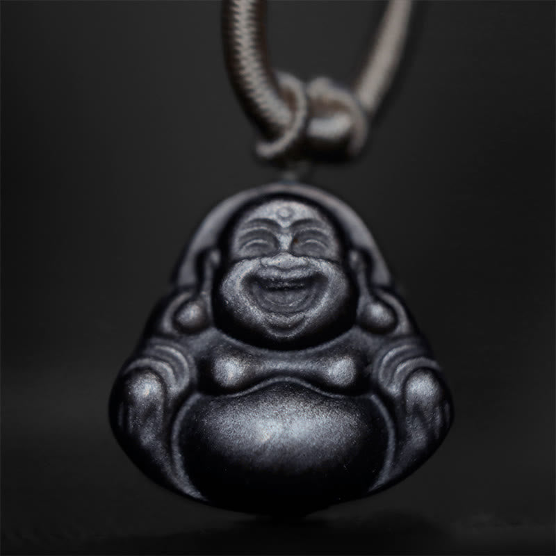 Nimara Ritual Natural Silver Sheen Obsidian Laughing Buddha Protection Necklace Pendant