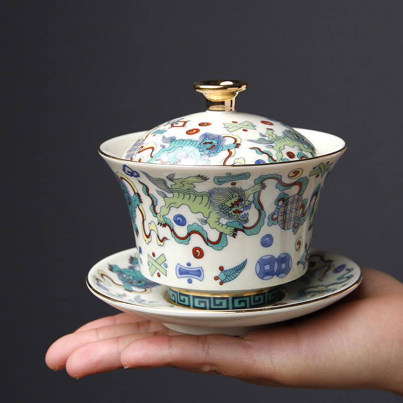 Nimara Ritual Retro Plum Blossom Pine Bamboo Phoenix Kirin Ceramic Gaiwan Sancai Teacup Kung Fu Tea Cup and Saucer with Lid