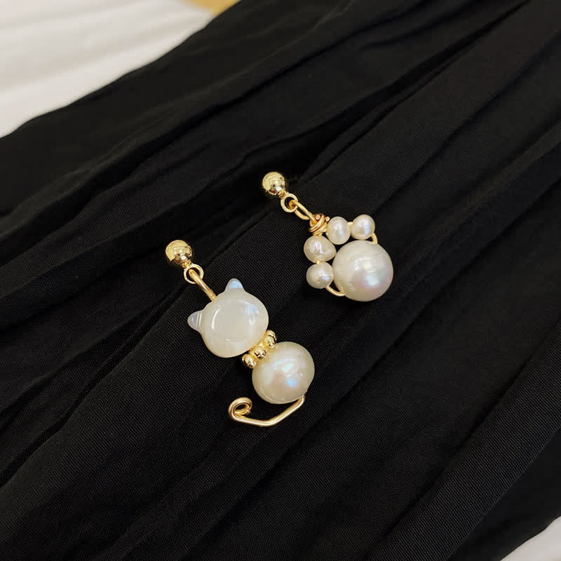 Nimara Ritual Cute Cat Paw Pearl Wisdom Stud Drop Earrings