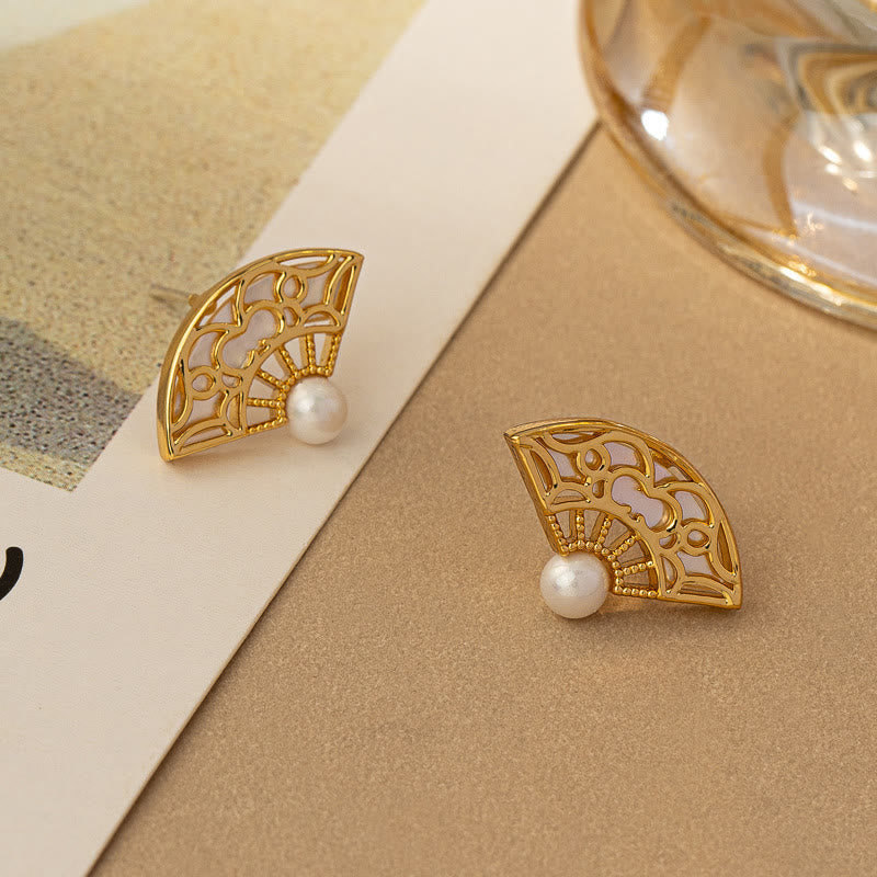 Nimara Ritual 925 Sterling Silver Posts Fan Pattern Pearl Copper Wisdom Stud Drop Earrings