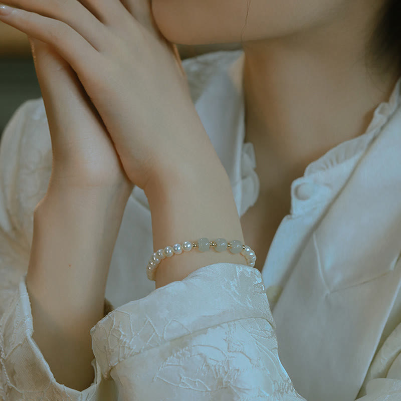 Nimara Ritual 14K Gold Plated Natural Pearl Hetian Cyan Jade White Jade Sincerity Bead Chain Bracelet