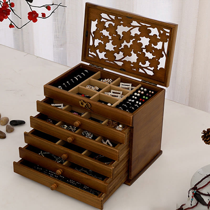Nimara Ritual Vintage Plum Blossom Carved Wooden Jewelry Box Six-Layer Jewelry Storage Box