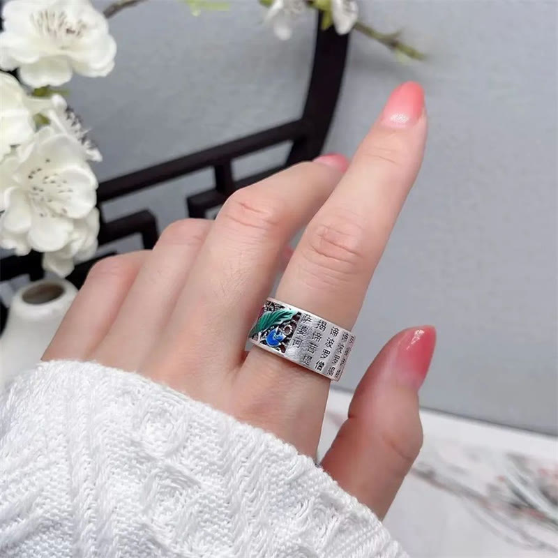 Nimara Ritual Copper Blue Enamel Lotus Heart Sutra Koi Fish Luck Ring