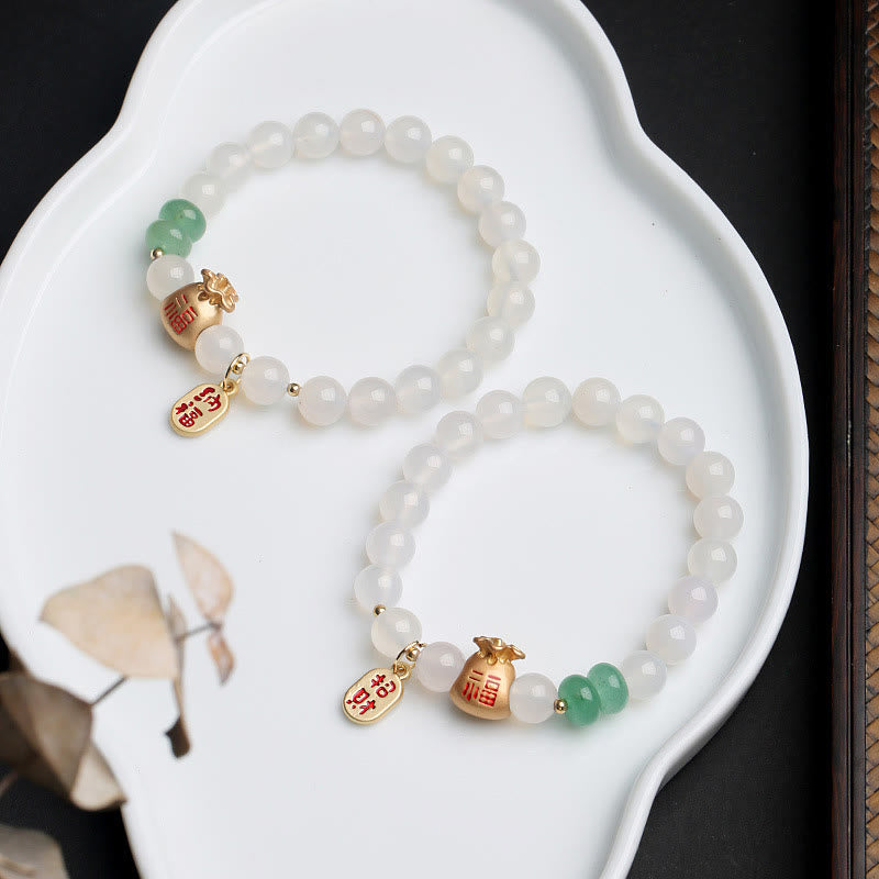 Nimara Ritual Natural White Agate Red Agate Money Bag Fu Character Four Leaf Clover Protection Bracelet