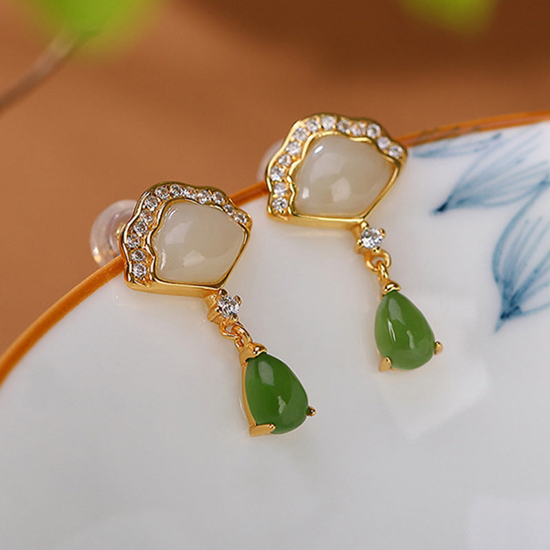 Nimara Ritual White Jade Cyan Jade Fan Water Drop Pattern Luck Drop Earrings