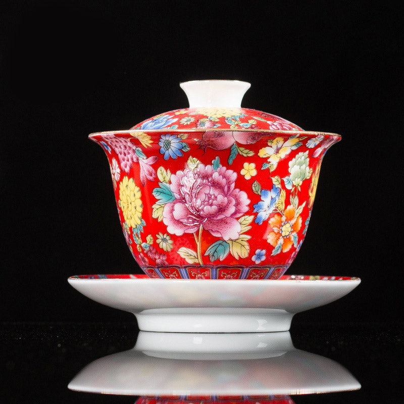 Nimara Ritual Peony Flowers Ceramic Gaiwan Sancai Teacup Kung Fu Tea Cup And Saucer With Lid