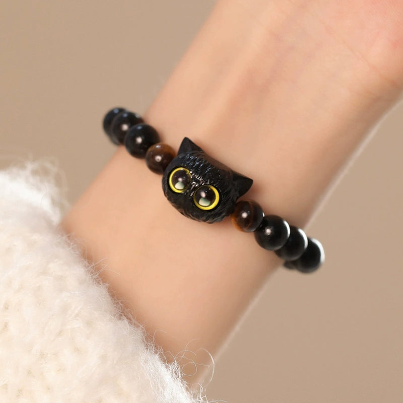 Nimara Ritual Cute Ebony Wood Cat Head Pattern Peace Bracelet