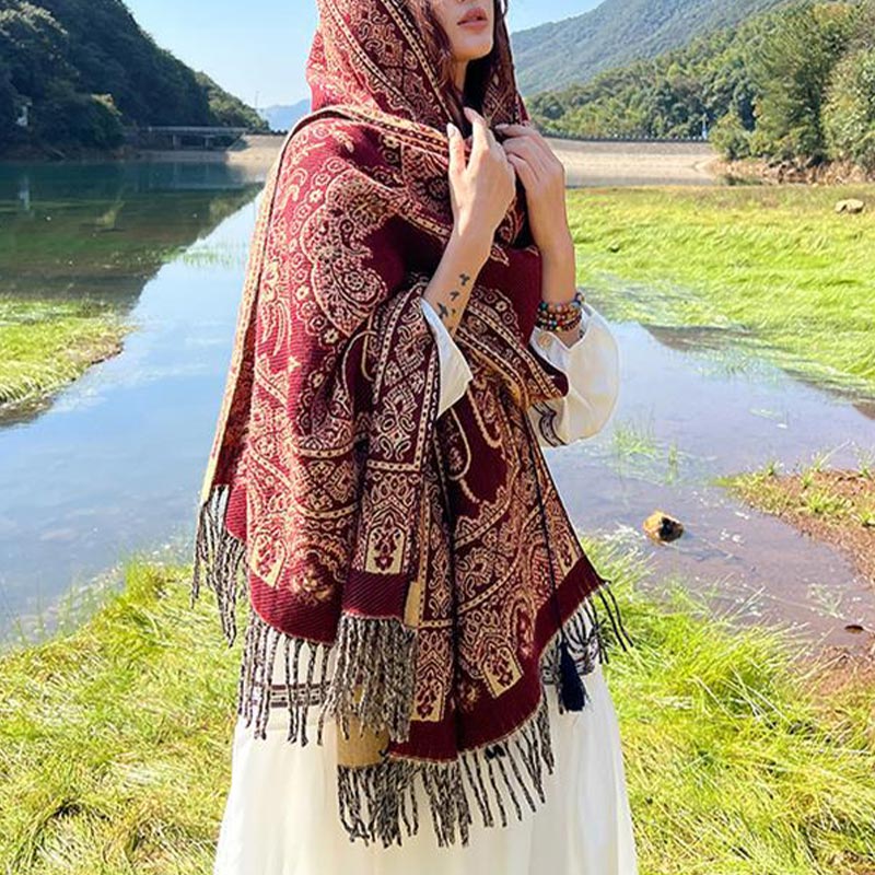 Nimara Ritual Vintage Tibetan Leaves Pattern Design Shawl Cozy Travel Scarf Wrap