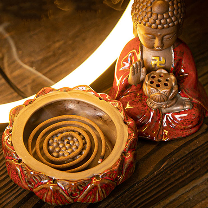 Nimara Ritual Buddha Lotus Backflow Smoke Fountain Ceramic Blessing Incense Burner With Light Decoration