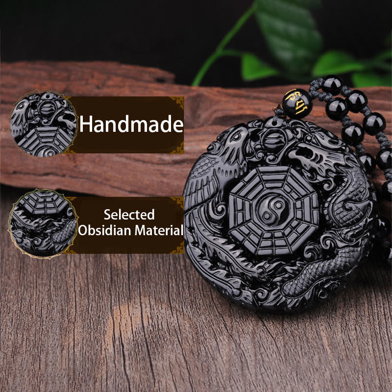 Nimara Ritual Bagua Dragon Phoenix Obsidian Fulfilment Pendant Necklace