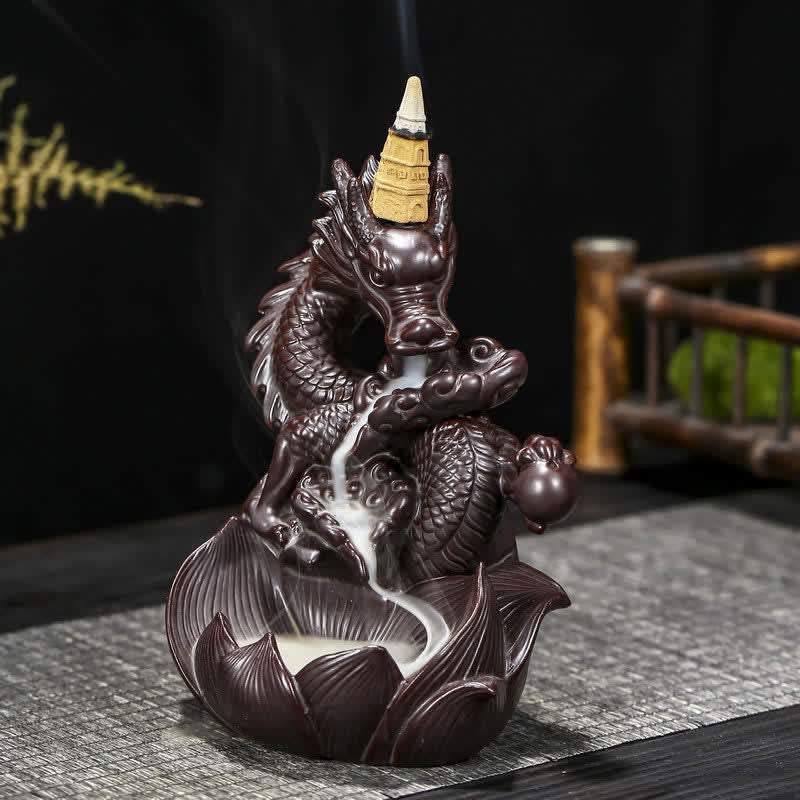 Nimara Ritual Dragon Lotus Pattern Strength Protection Ceramic Incense Burner Decoration