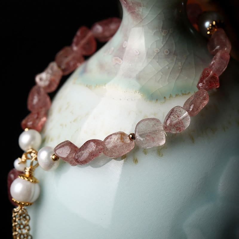 Nimara Ritual Natural Strawberry Quartz Pearl 14k Gold Plated Love Healing Bracelet
