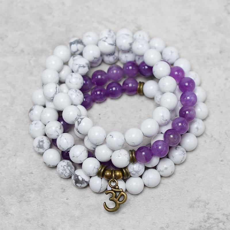 Nimara Ritual 108 Mala Beads Amethyst White Turquoise OM Healing Meditation Energy Bracelet