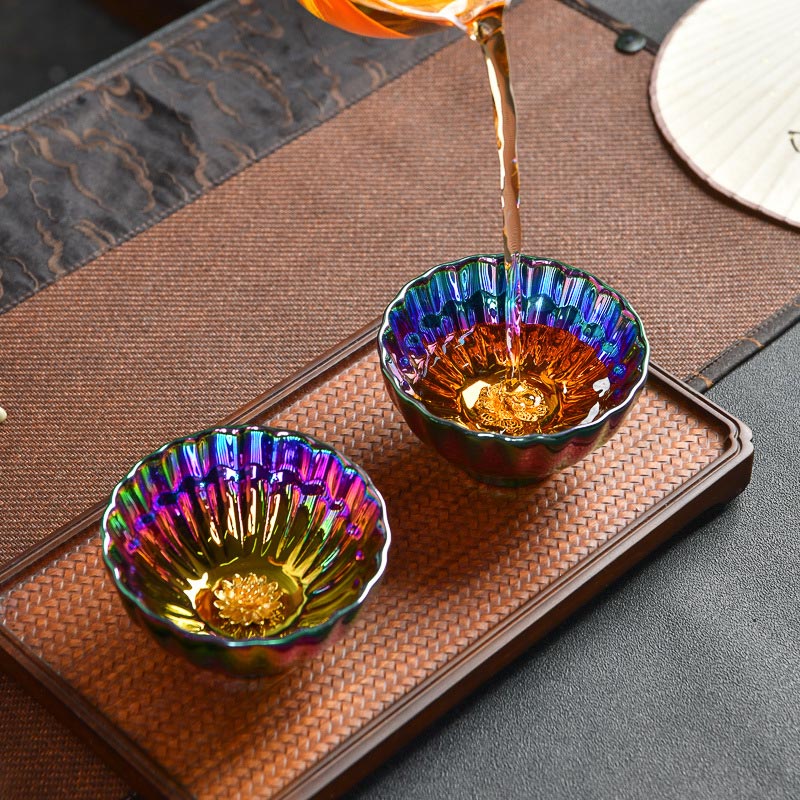 Nimara Ritual Lotus Peacock Inlaid Multicolored Chinese Jianzhan Ceramic Teacup Kung Fu Tea Cup