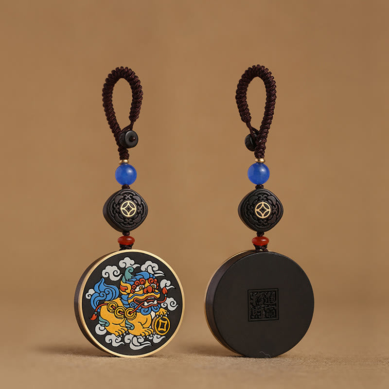 Nimara Ritual PiXiu Copper Coin Ebony Wood Luck Attract Wealth Key Chain Decoration