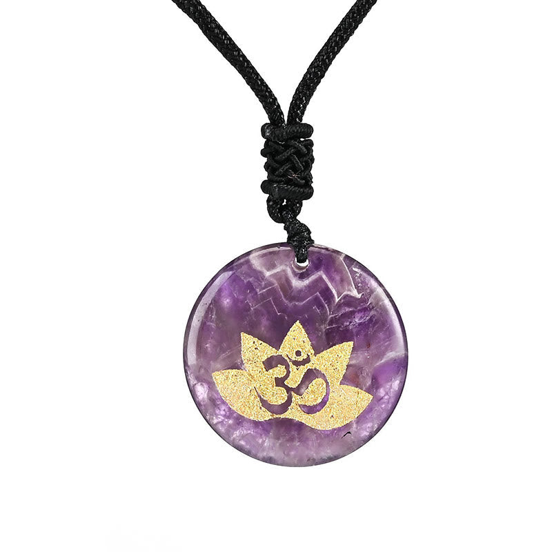 Nimara Ritual OM Lotus Symbol Various Crystal Amethyst Tiger Eye Healing Necklace Pendant