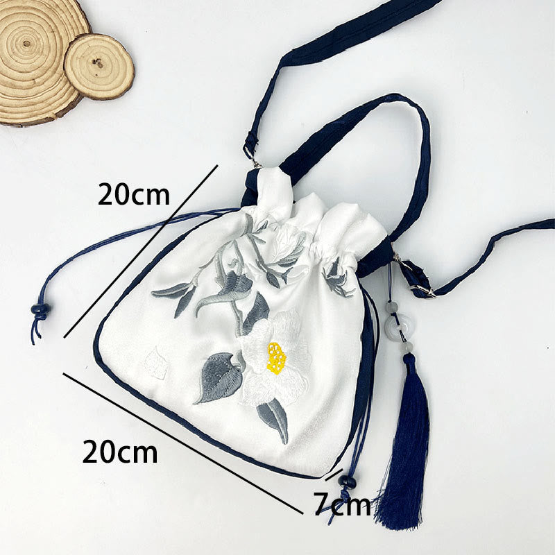 Nimara Ritual Embroidered Lotus Koi Fish Crane Camellia Cotton Linen Tote Crossbody Bag Shoulder Bag Handbag