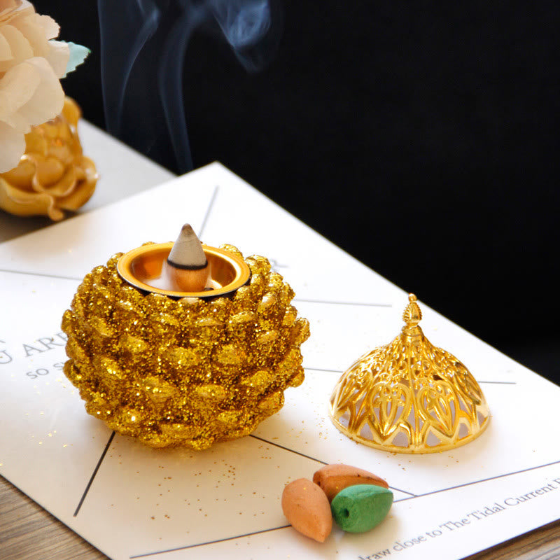Nimara Ritual Gold Pine Cone Pattern Spiritual Rituals Mini Incense Burner Home Tabletop Decor