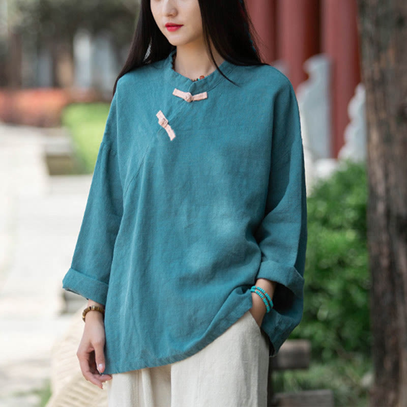 Nimara Ritual Ramie Linen Loose Blouse Women Long Sleeve Shirt Chinese Hanfu Top
