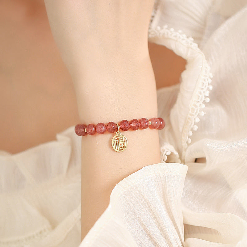 Nimara Ritual 14K Gold Plated Strawberry Quartz Fu Character Healing Charm Bracelet