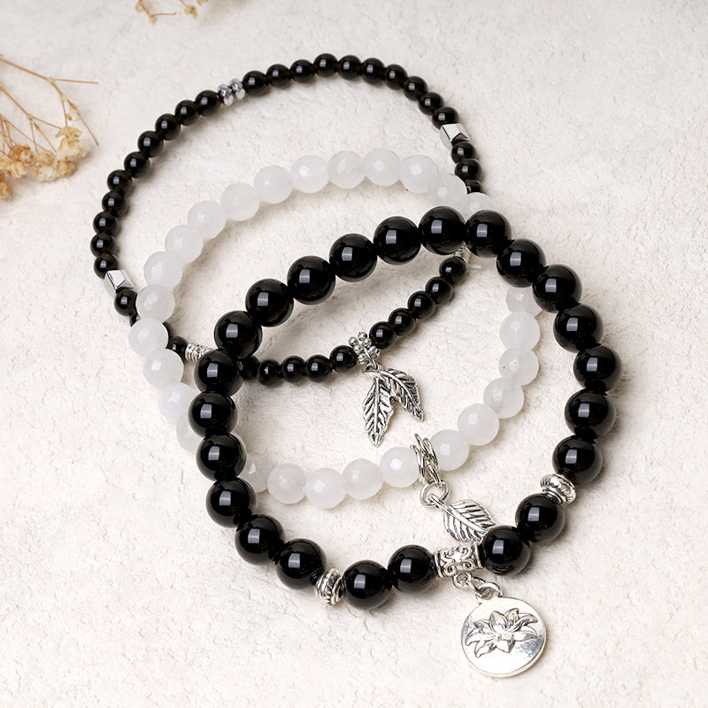 Nimara Ritual 3PCS Natural Quartz Crystal Beaded Healing Energy Lotus Bracelet