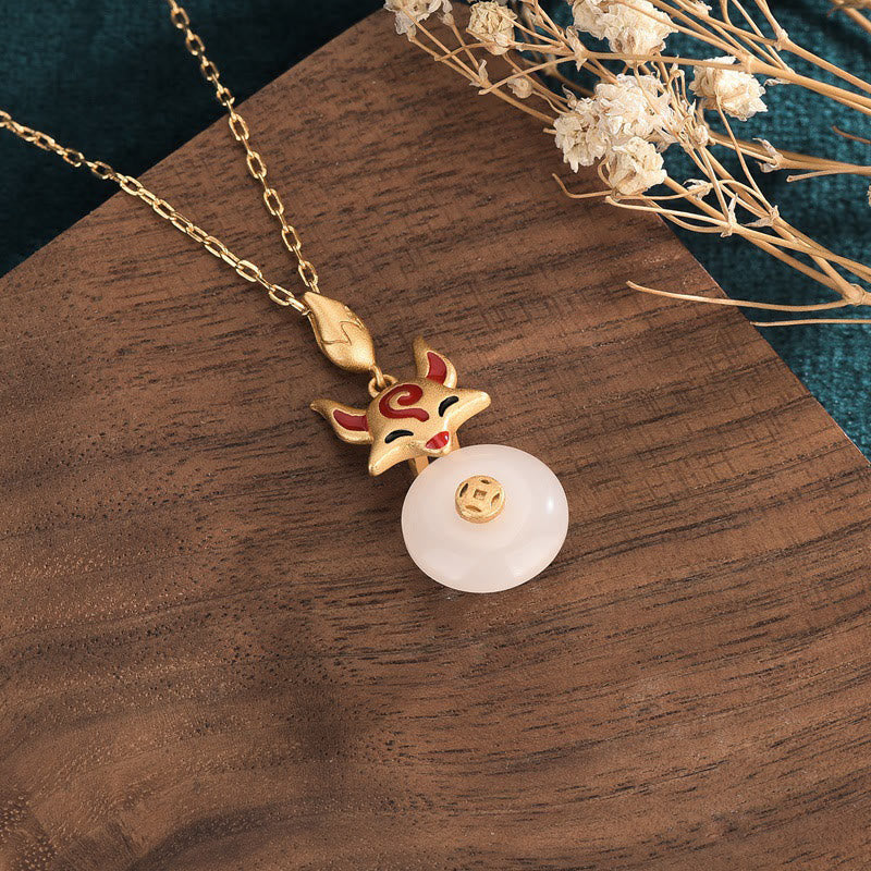 Nimara Ritual White Jade Fox Copper Coin Protection Luck Necklace Pendant
