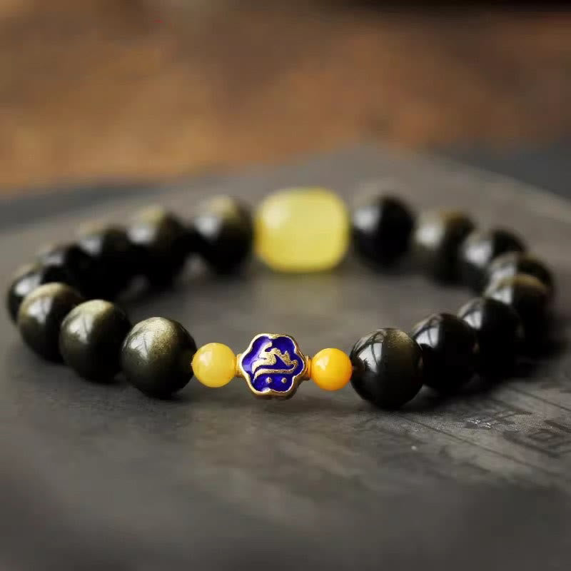 Nimara Ritual 925 Sterling Silver Chinese Zodiac Natal Buddha Natural Gold Sheen Obsidian Amber Wealth Protection Bracelet
