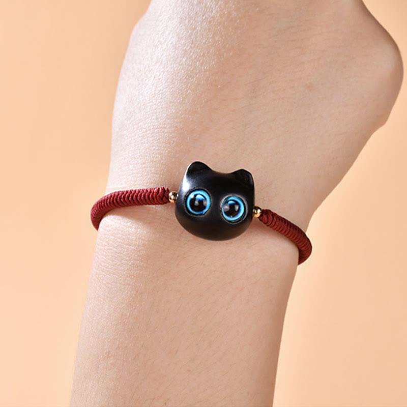 Nimara Ritual Ebony Wood Cat Head Pattern Peace King Kong Knot Braided Bracelet