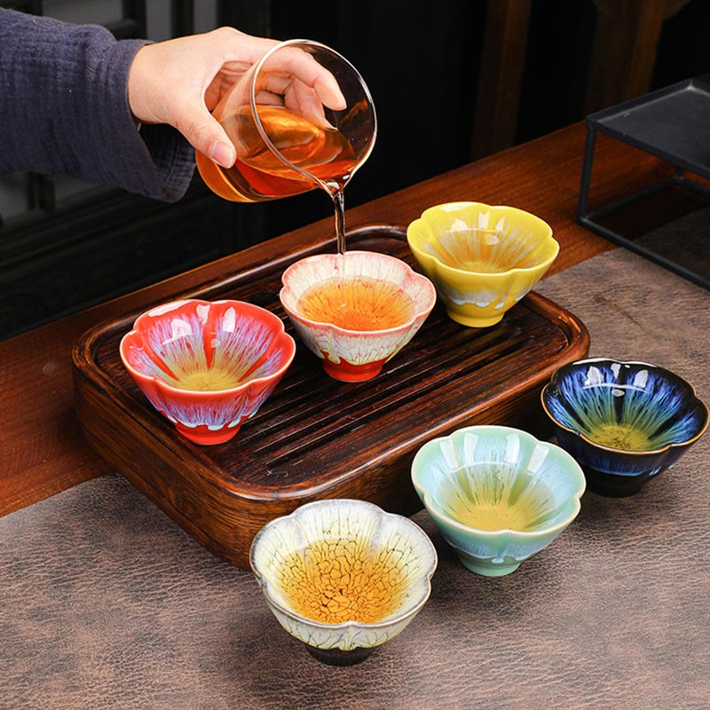 Nimara Ritual 6Pcs Plum Blossom Petal Pattern Chinese Jianzhan Kiln Change Ceramic Teacup Kung Fu Tea Cup Bowl With Gift Box