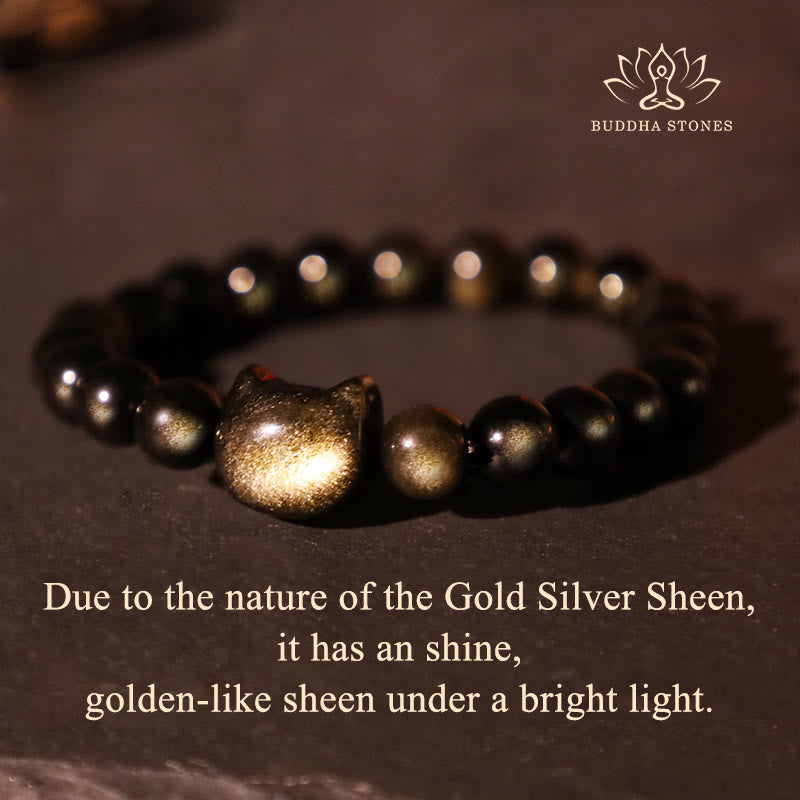 Nimara Ritual Gold Sheen Obsidian Silver Sheen Obsidian Lovely Paw Lucky Cat Protection Bracelet