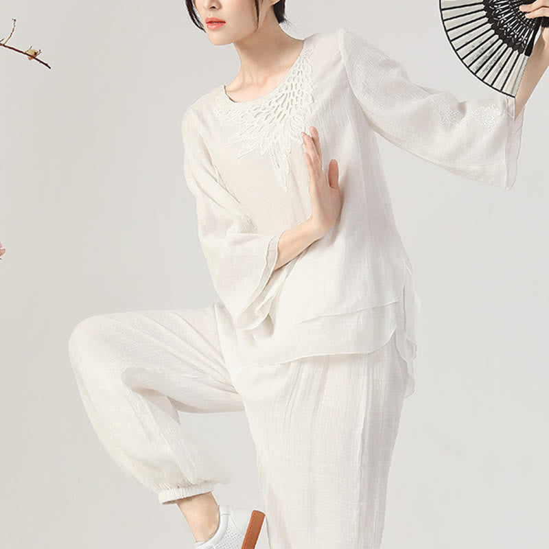 Nimara Ritual 2Pcs Long Sleeve Frog-Button Meditation Prayer Zen Practice Tai Chi Uniform Clothing Women's Set