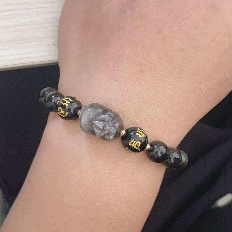 Nimara Ritual Natural Silver Sheen Obsidian Black Obsidian Om Mani Padme Hum Pixiu Protection Bracelet
