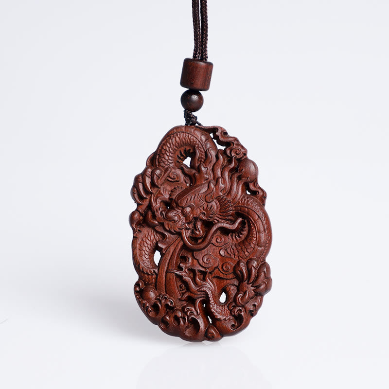 Nimara Ritual Lightning Struck Jujube Wood Double Dragon Relief Ward Off Evil Spirits Necklace Pendant