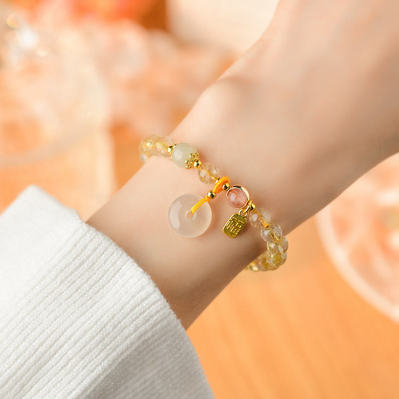 Nimara Ritual Natural Golden Rutilated Quartz Fu Character Peace Buckle Charm Wealth Bracelet