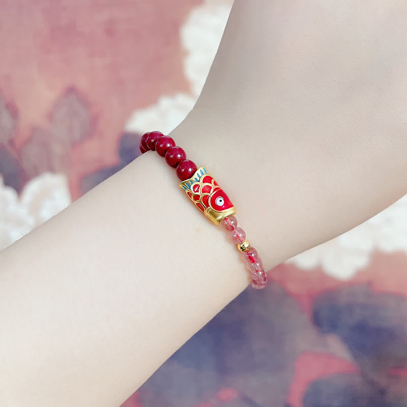 Nimara Ritual Natural Strawberry Quartz Cinnabar Lucky Koi Fish Healing Bracelet