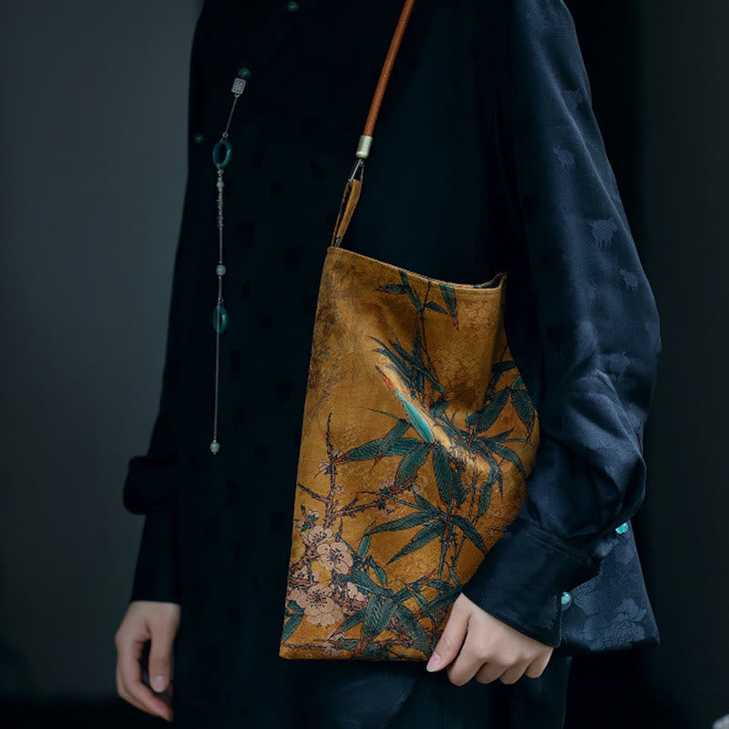 Nimara Ritual Bamboo Leaves Flower Butterfly Persimmon Shoulder Bag Handbag