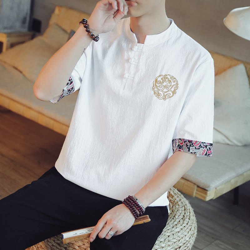 Nimara Ritual Frog-Button Dragon Embroidery Chinese Tang Suit Short Sleeve Shirt Men Clothing