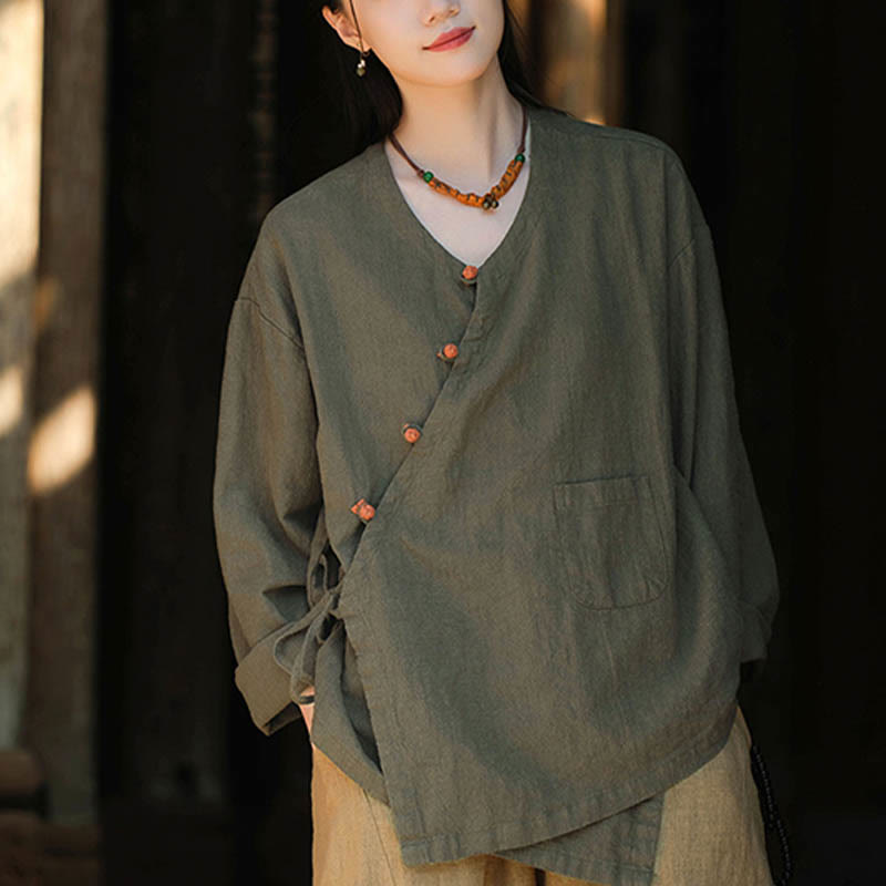 Nimara Ritual Solid Color Ramie Linen Loose Blouse Long Sleeve Shirt Chinese Hanfu Top