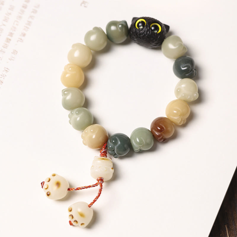 Nimara Ritual Natural Bodhi Seed Lovely Paw Ebony Wood Lucky Cat Wisdom Bracelet