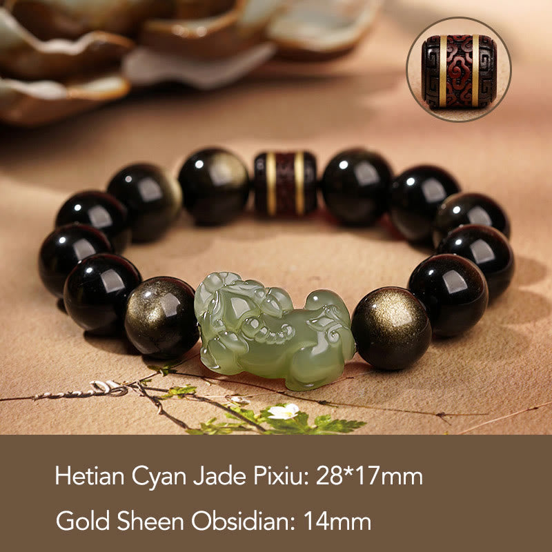 Nimara Ritual Natural Gold Sheen Obsidian Hetian Cyan Jade White Jade PiXiu Wealth Bracelet